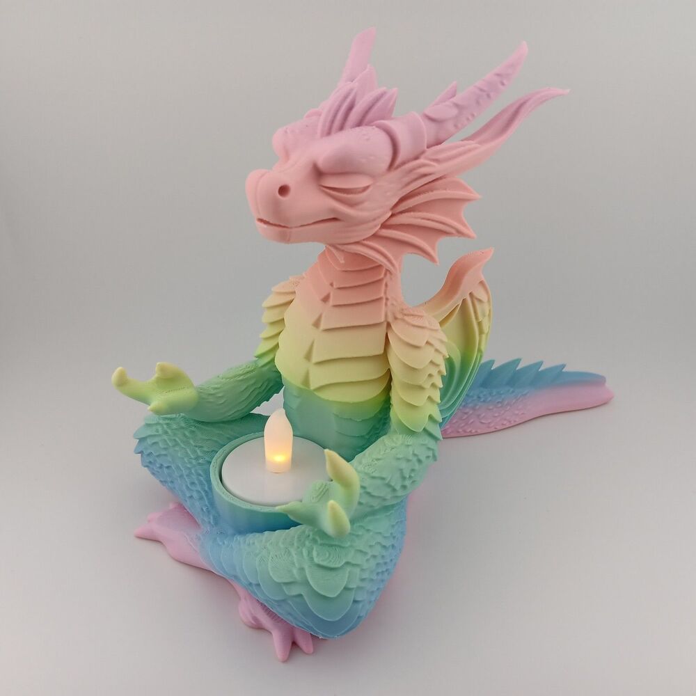 3D Printed - LED Tea Light Holder - Meditating Dragon - Fantasy - Rainbow 6x8 IN